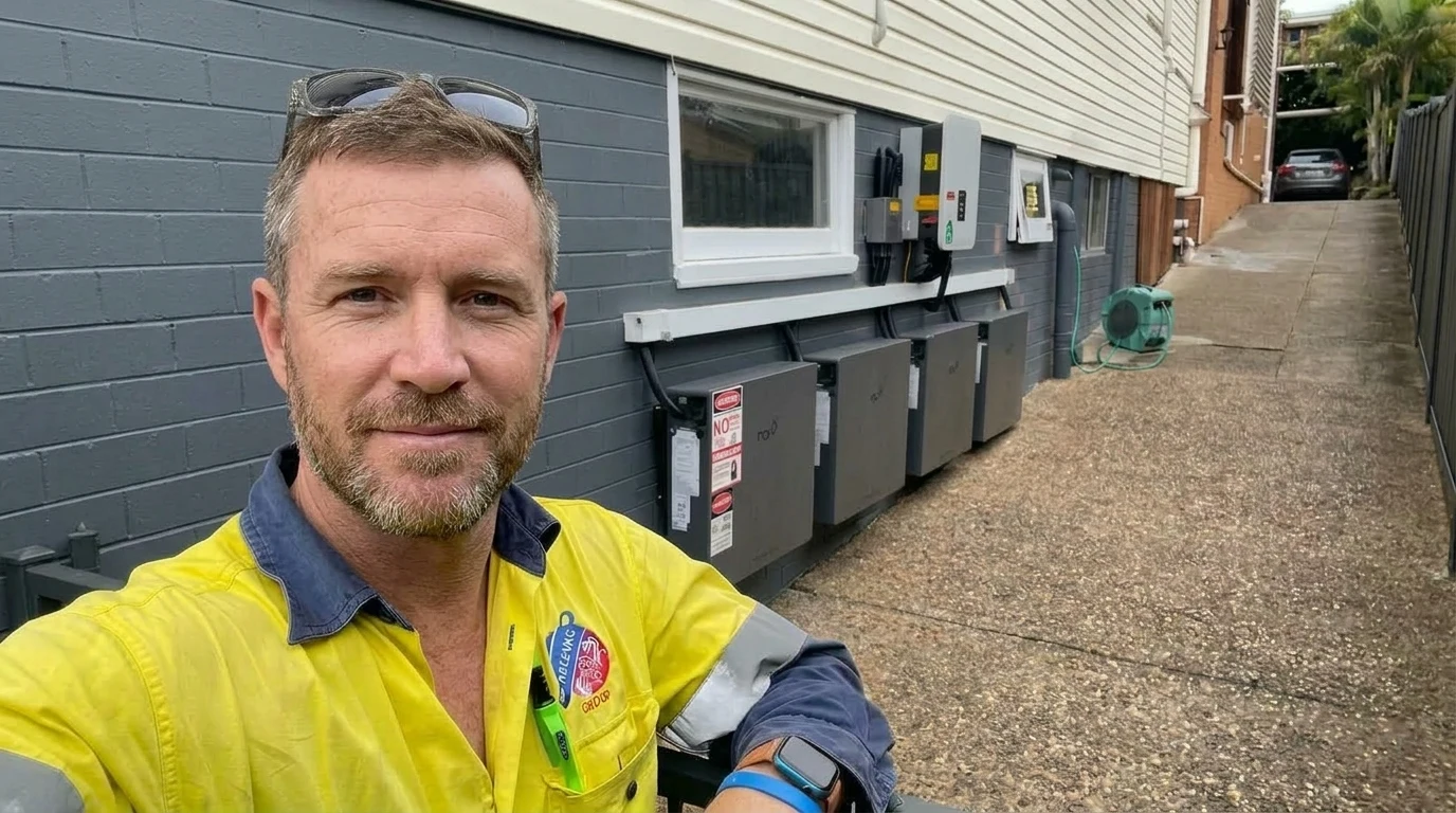 Home battery service illustration with a tradesperson beside a battery system