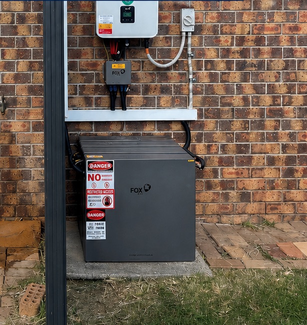 FoxESS hybrid inverter and outdoor battery on a brick Queensland home